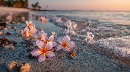 Pink frangipani flowers resting on sandy beach, touched by gentle waves at sunset, conveying a serene tropical atmosphere.