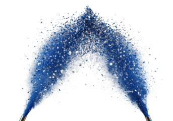 high-speed eruption of metallic sapphire blue micro-glitter and silver confetti arc against a transparent studio backdrop, sharp focus and dramatic light, successful celebration concept
