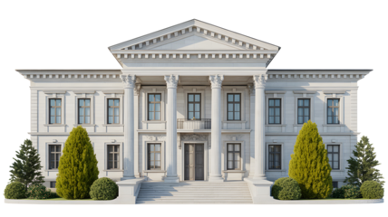 Large white neoclassical house with columns and triangular pediment roof, surrounded by shrubs and trees isolated on white or transparent background