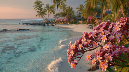 Tropical beach at sunset with vibrant pink frangipani flowers in the foreground, clear blue water, and palm trees lining the shore.