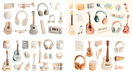 Watercolor music instruments and accessories set with guitars headphones and speakers ideal for creative branding music education decor and lifestyle illustration.
