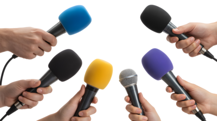 Six hands holding microphones with colorful foam covers in a conference or interview setting for press and media inquiries isolated on white isolated on white or transparent background