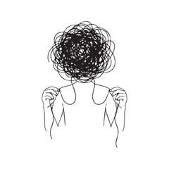Conceptual line art illustration of a person with a tangled scribble head holding strings. Minimalist vector sketch depicting mental health, anxiety, chaos, and overthinking.
