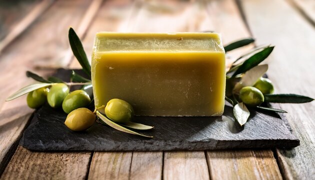 Aleppo soap bar with olive branches on wood
