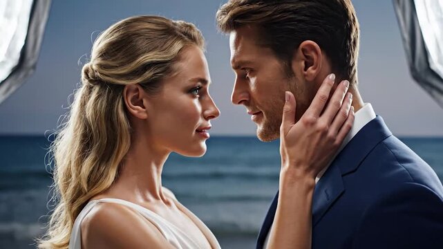 A couple gazes into each other's eyes with soft lighting and a seaside backdrop