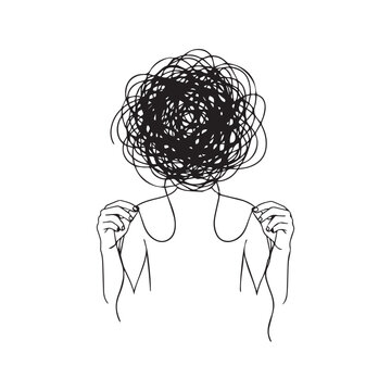 Conceptual line art illustration of a person with a tangled scribble head holding strings. Minimalist vector sketch depicting mental health, anxiety, chaos, and overthinking.
