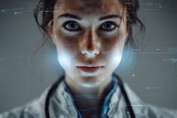 Close-up of a young female doctor with futuristic digital interface overlay