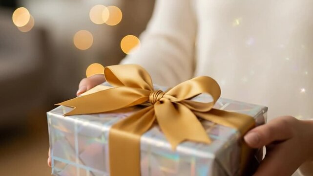 Person carefully holds wrapped gift box, symbolizing celebration and generosity