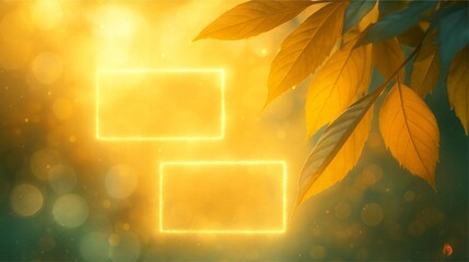Golden Leaves and Glowing Rectangles Create Warm Abstract Background for Art and Design