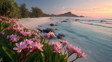 Tranquil beach at sunset with pink flowers in the foreground, calm blue waters, and a distant mountain under a soft pink sky.