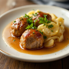 Three savory meatballs served with small pasta and a rich brown sauce, garnished with fresh parsley on a white plate.