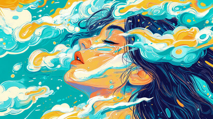 Obraz premium Vibrant Abstract Portrait of Woman Emerging from Swirling Turquoise and Golden Waves, Capturing Emotion and Flow