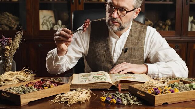 Man in glasses studying ancient botanical book, surrounded by dried herbs for natural remedies