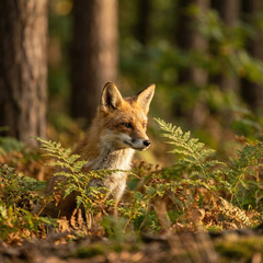 Obraz premium Red Fox in Golden Hour Light Among Forest Ferns