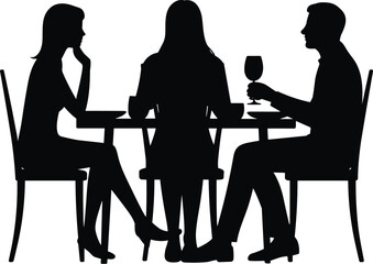 Dining table, social gathering, silhouette illustration, black vector, lifestyle moment, wine glass, casual meal, people interaction, dinner, graphicDining table, social gathering