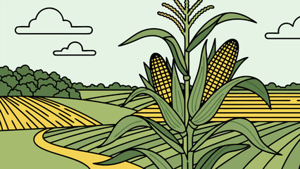 Vibrant graphic illustration summer cornfield. Tall green stalks, golden ears, winding paths through agricultural landscape. Bountiful harvest © Purnomo
