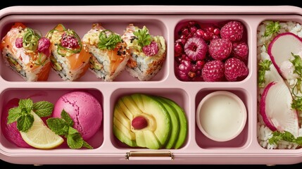 Colorful assortment of fresh meal components neatly arranged in a divided container