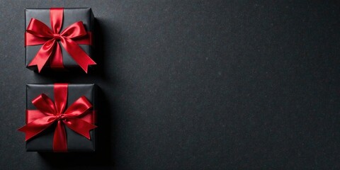 Elegant black gift boxes with rich red ribbons, arranged on a dark surface, providing a sophisticated backdrop for celebratory announcements or promotions.