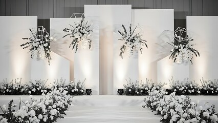 Elegant Wedding Stage with White Panels, Soft Lighting, and Symmetrical Floral Arrangements