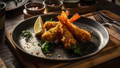 Fototapeta premium Delicious Crispy Fried Shrimp Platter with Lemon and Greens
