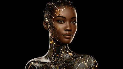 Dark skinned humanoid robot woman on black background. Artificial Intelligence, Futuristic Digital Technology, Metaverse of Digital Intelligent World