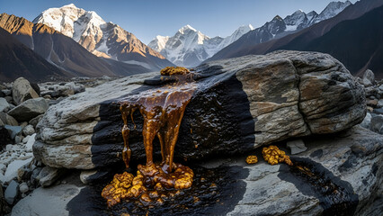 mountain landscape in, Dark brown Shilajit resin oozes from cracks in rugged Himalayan rock surface. Golden undertones glisten on the earthy mineral deposit. Majestic snowy mountains rise in backgroun