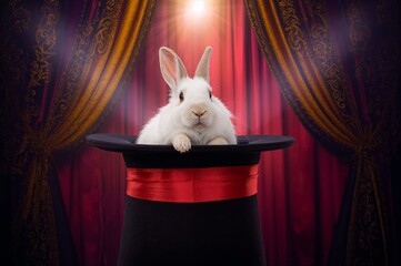 Whimsical Entertainment Portrait of a Surprise Rabbit in Magician Hat