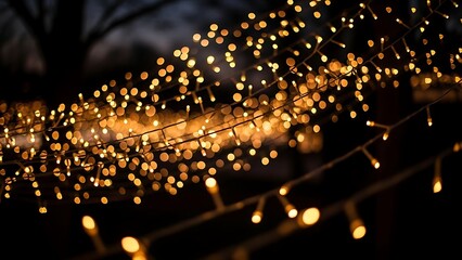 Warm White String Lights Cascading Outdoors Against Dark Background with Blurred Tree Branches