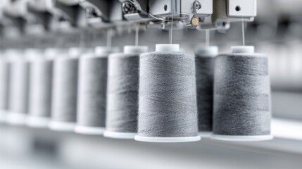 Bright spools of gray thread hang above an industrial sewing machine, ready for intricate stitching. The buzzing machine works tirelessly, crafting beautiful textiles day and night