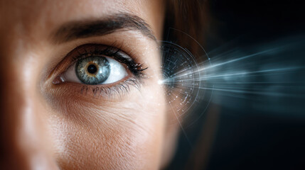 Close-up of a robot's eye with high-tech detailing, showcasing advanced sensors and glowing effects. Artificial Intelligence, Futuristic Digital Technology, Metaverse of Digital Intelligent World