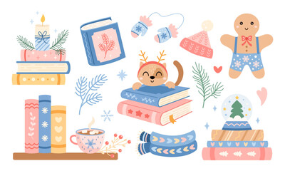 Pastel winter books clipart set, Trendy Christmas bookish aesthetic, Book lover gifts, Cozy reading, Bookstore Holiday Graphic, Seasonal vector illustration.