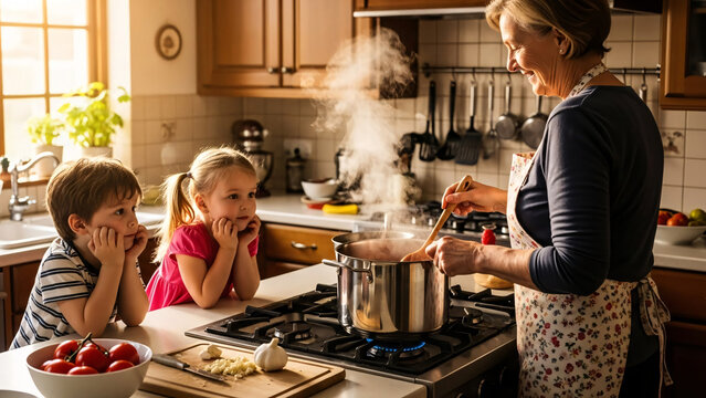 Smiling grandmother stirring a steaming pot on the stove while two children watch intently in a warm, sunlit kitchen
