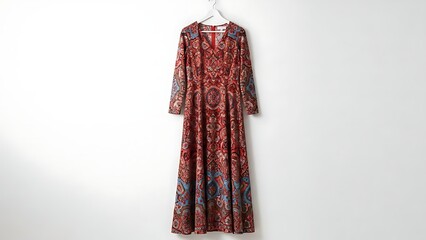 Full-Length Patterned Dress with Red and Blue Accents Hanging Against White Background