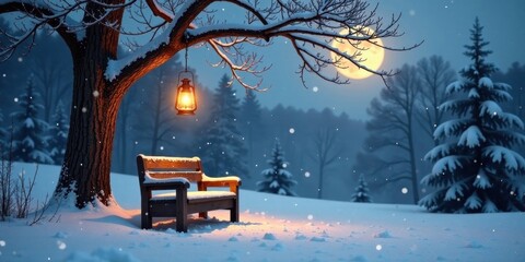 Serene Winter Night Scene A snow-covered wooden bench sits beneath a snow laden tree, illuminated by a hanging lantern's warm glow, under a full moon.