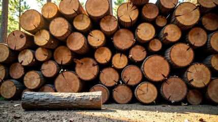 A Stack of Round Wooden Logs in a Forest Setting, Ready for Transportation and Use in Construction Projects