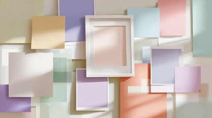 Pastel Polaroid Frames and Geometric Shapes on Speckled Paper Background &ndash; Whimsical Flat Lay Composition with Soft Colors