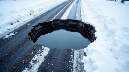 A large pothole filled with water on a snow-covered road, posing a significant driving hazard during winter conditions