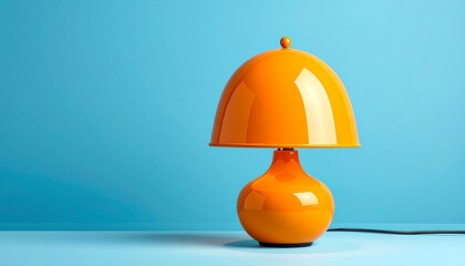 Orange dome lamp with metallic base on light blue background