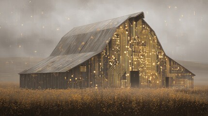 Surreal winter night scene with glowing wooden barn in snowy landscape under futuristic circuit-like sky, blending rural architecture and digital technology for conceptual