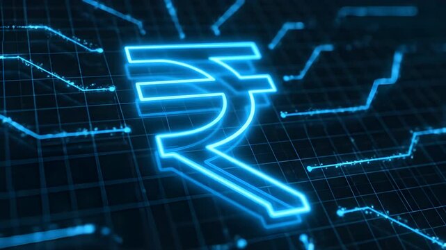 Digital Indian Rupee Symbol Glowing on Futuristic Technology Background.