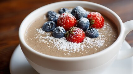 Rich chocolate mousse dessert is served in a white cup topped with fresh berries and powdered sugar
