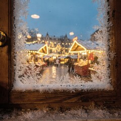 Fototapeta premium Cozy Frosted Window View of a Festive Winter Market at Dusk