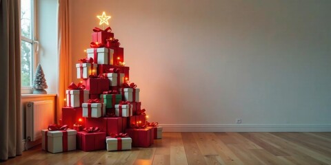 A Festive Arrangement of Wrapped Gifts Forming a Christmas Tree Shape in a Room with Hardwood Floors