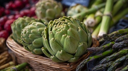 Obraz premium Fresh organic artichokes and asparagus on display at a vibrant farmers market, surrounded by colorful radishes and rustic textures