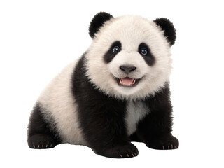 Obraz premium A fluffy, adorable, and realistically rendered baby panda with dense black and white fur, sitting attentively with a slightly open mouth and bright blue eyes,, isolated on transparent background.