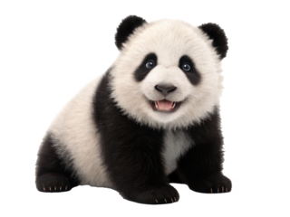 A fluffy, adorable, and realistically rendered baby panda with dense black and white fur, sitting attentively with a slightly open mouth and bright blue eyes,, isolated on transparent background.