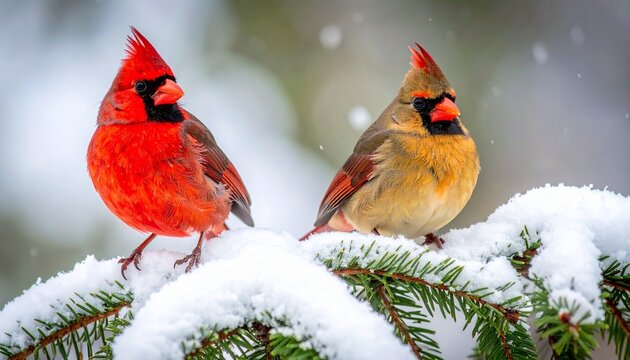 Male and female cardinals on snowy evergreen branch