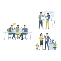vector illustration of people working in a modern office, multiple characters in different situations  typing on laptops, discussing ideas, standing near desks, coffee break conversation