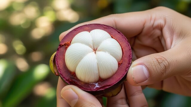 A person's hands holding a freshly opened mangosteen fruit revealing its white, segmented flesh.