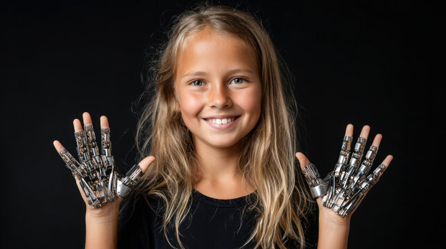 Beautiful smiling girl with robot hands on a dark background, transplantation. Artificial Intelligence, Futuristic Digital Technology, Metaverse of Digital Intelligent World - Powered by Adobe
